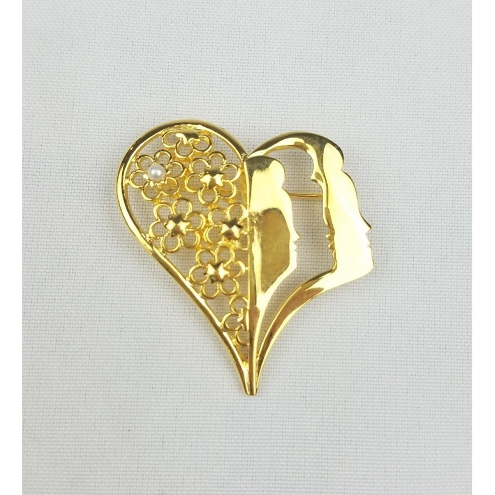 Vtg Tal Salomon gold tone heart pin brooch pendant face romantic Florentine